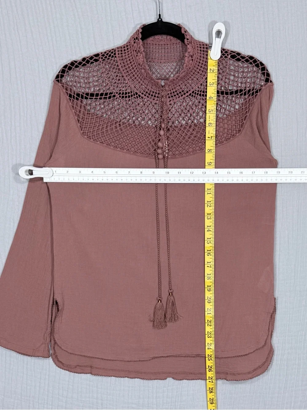 Free People Mauve Crochet Yoke Tassel Top | Boho Bell Sleeve Blouse